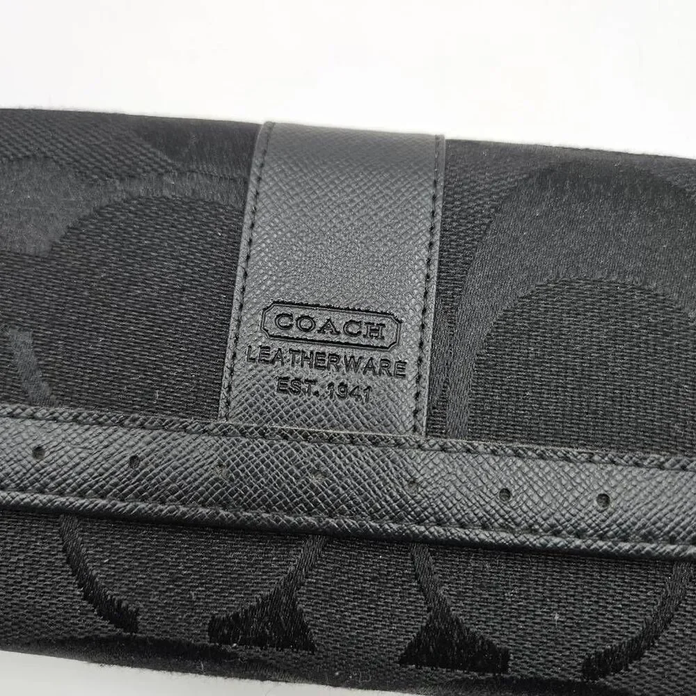 Coach Legacy Slim Trifold Wallet Signature Logo Black Canvas Leather Trim EUC